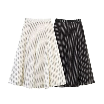 Ladies Flowing Midi Skirt in Vintage Polka Dot Design with Flared Plate Cut Shop Velvia