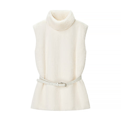 Women Short Sleeveless Faux Fur Vest with High Collar and Waist Belt Shop Velvia