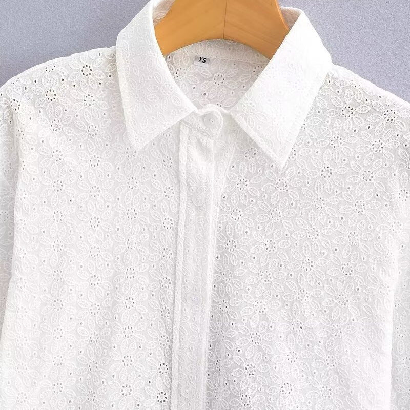 Women's Short-Cut Eyelet Embroidery Blouse with Shirt Collar and Long Ties Shop Velvia