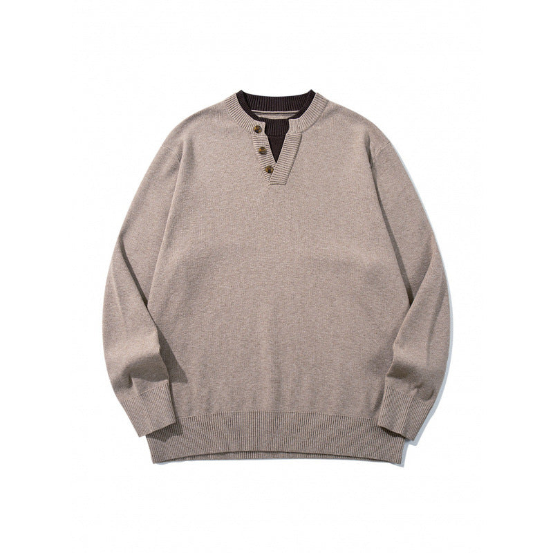 Unisex knit sweater with Henley button placket, contrast collar and boxy cut Shop Velvia