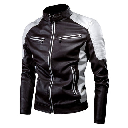 Men's Slim Fit Motorcycle Faux Leather Jacket with Contrast Panels, Quilted Shoulders and Zipper Pockets Shop Velvia