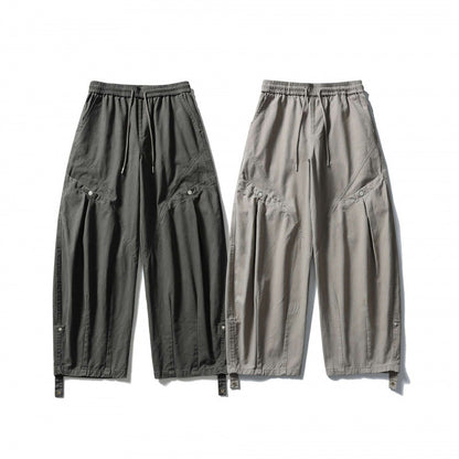 Unisex Wide Cropped Cargo Pants with Drawstring Waistband, Multifunctional Flap Pockets, and Adjustable Leg Straps Shop Velvia
