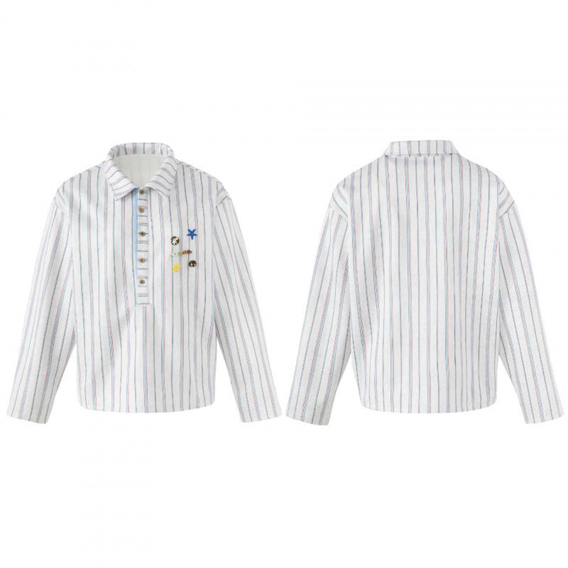 Unisex Striped Overshirt with Henley Button Placket and Decorative Pin Details Shop Velvia