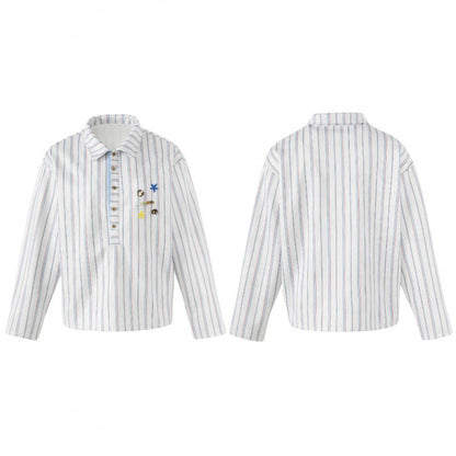 Unisex Striped Overshirt with Henley Button Placket and Decorative Pin Details Shop Velvia