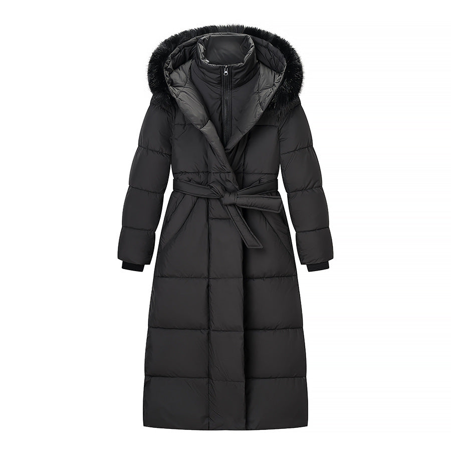 Women's Long Quilted Coat with Waist Belt, Hood and Faux Fur Trim Shop Velvia