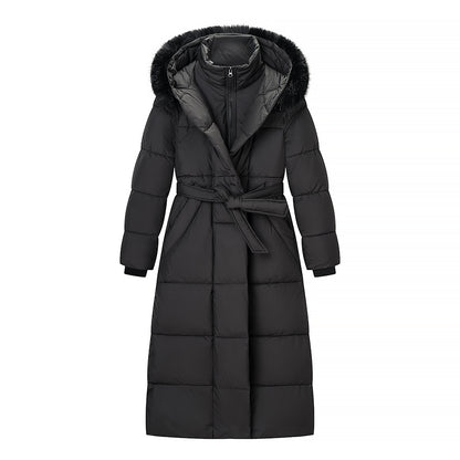 Women's Long Quilted Coat with Waist Belt, Hood and Faux Fur Trim Shop Velvia