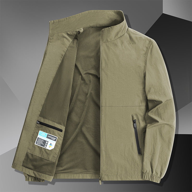 Men's Lightweight Cotton Blend Transitional Jacket with Stand-Up Collar and Concealed Zipper Shop Velvia
