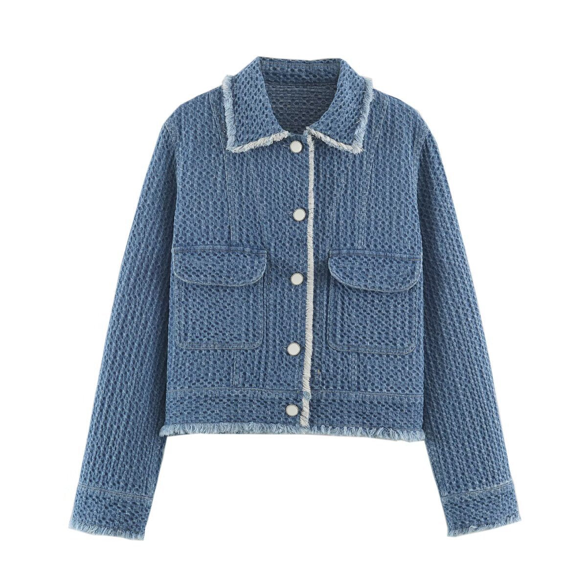 Ladies Cropped Boxy Denim Jacket with Waffle Texture, Patch Pockets and Fringe Trim Shop Velvia