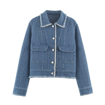 Ladies Cropped Boxy Denim Jacket with Waffle Texture, Patch Pockets and Fringe Trim Shop Velvia