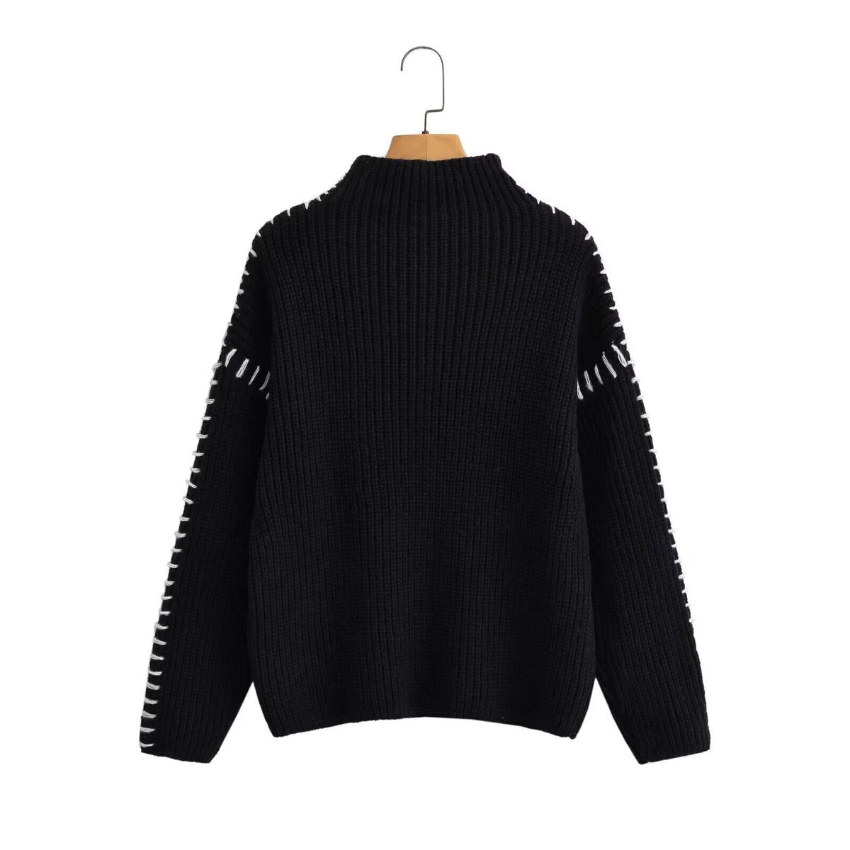 Women's Oversize Knit Sweater with Stand-up Collar and Decorative Stitch Sleeves Shop Velvia