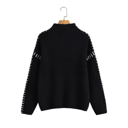 Women's Oversize Knit Sweater with Stand-up Collar and Decorative Stitch Sleeves Shop Velvia