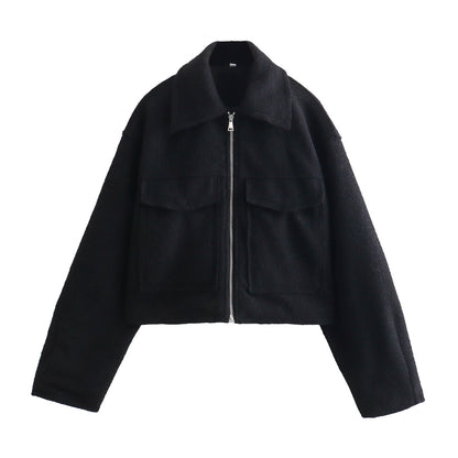 Women Short Boucle Jacket in Boxy Cut with Zip and Flap Pockets Shop Velvia