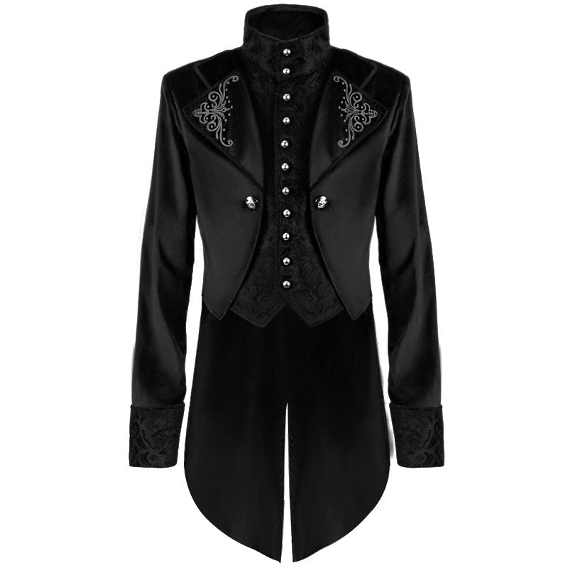 Men's fitted tailcoat with embroidered stand-up collar, velvet trim and double swallowtail Shop Velvia