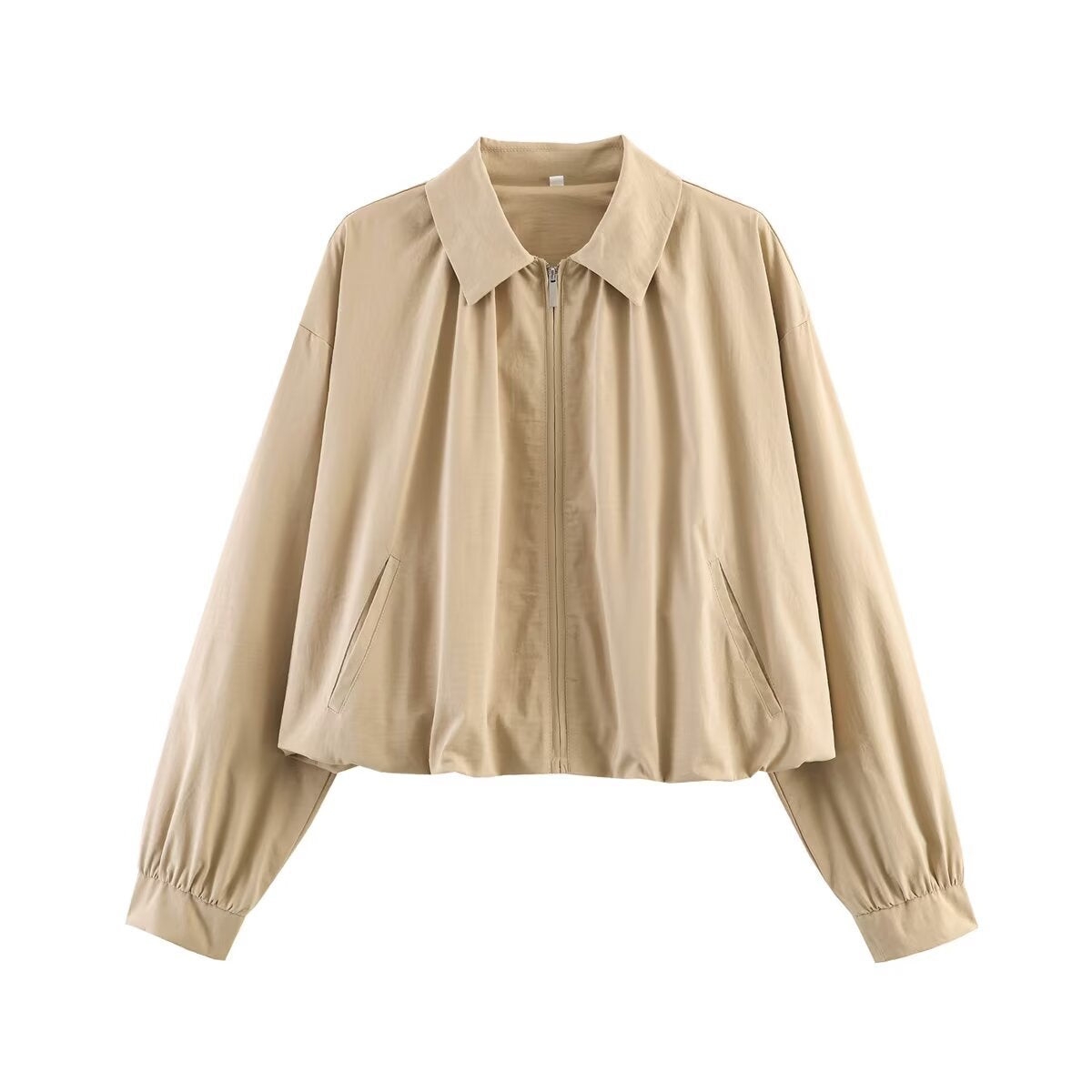 Women's cropped blouse with shirt collar, front zipper and gathered sleeve cuffs Shop Velvia