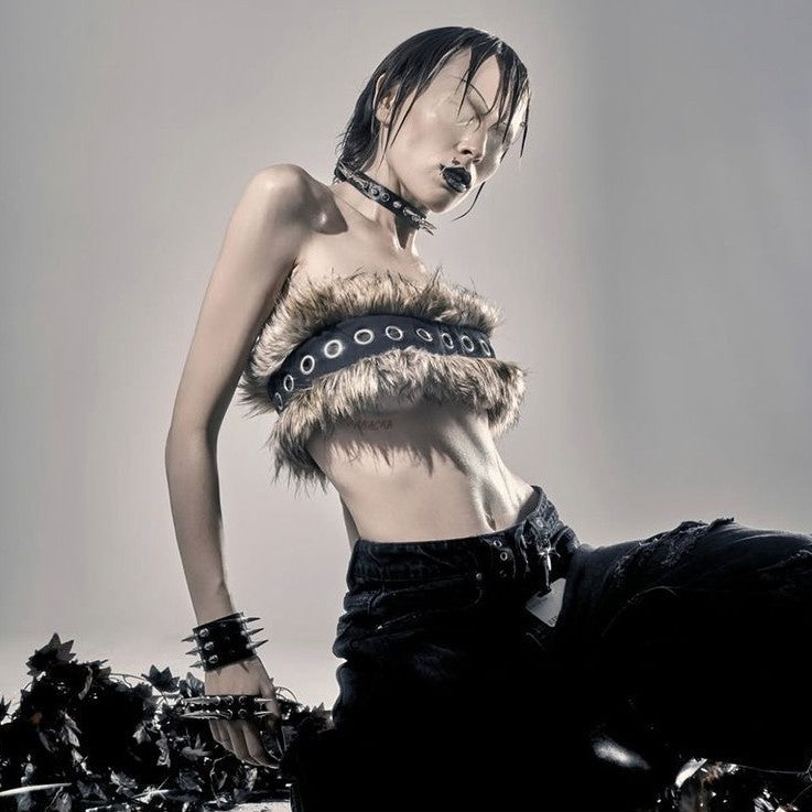 Women Cropped Bandeau Top with Faux Fur Trim, Grommet Leather Strap and Gothic-Punk Details Shop Velvia