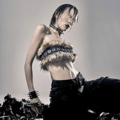 Women Cropped Bandeau Top with Faux Fur Trim, Grommet Leather Strap and Gothic-Punk Details Shop Velvia