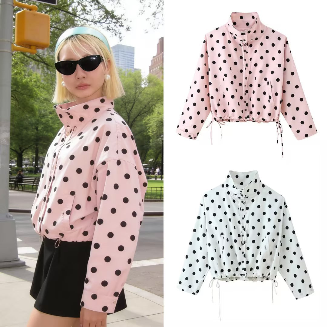 Women's Lightweight Polka Dot Wind Jacket with Stand-Up Collar and Drawstring Shop Velvia