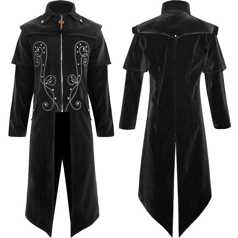 Men's nan Victorian velvet coat made of velvet with intricate embroidery, high stand-up collar, and long train Shop Velvia