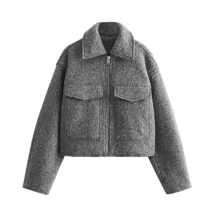 Women Short Boucle Jacket in Boxy Cut with Zip and Flap Pockets Shop Velvia