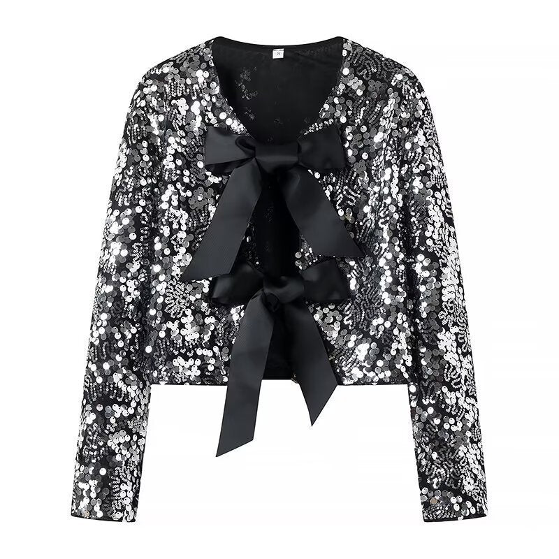 Ladies Short Cut Sequin Jacket with Double Tied Satin Bows Shop Velvia