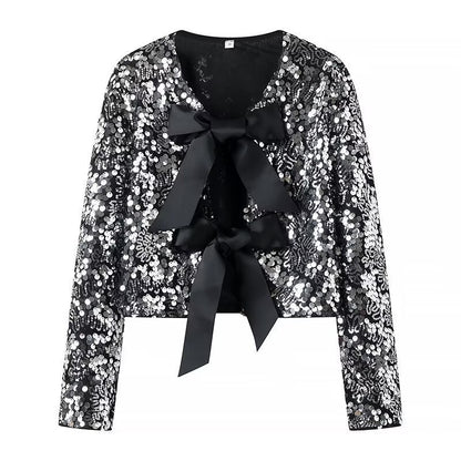 Ladies Short Cut Sequin Jacket with Double Tied Satin Bows Shop Velvia