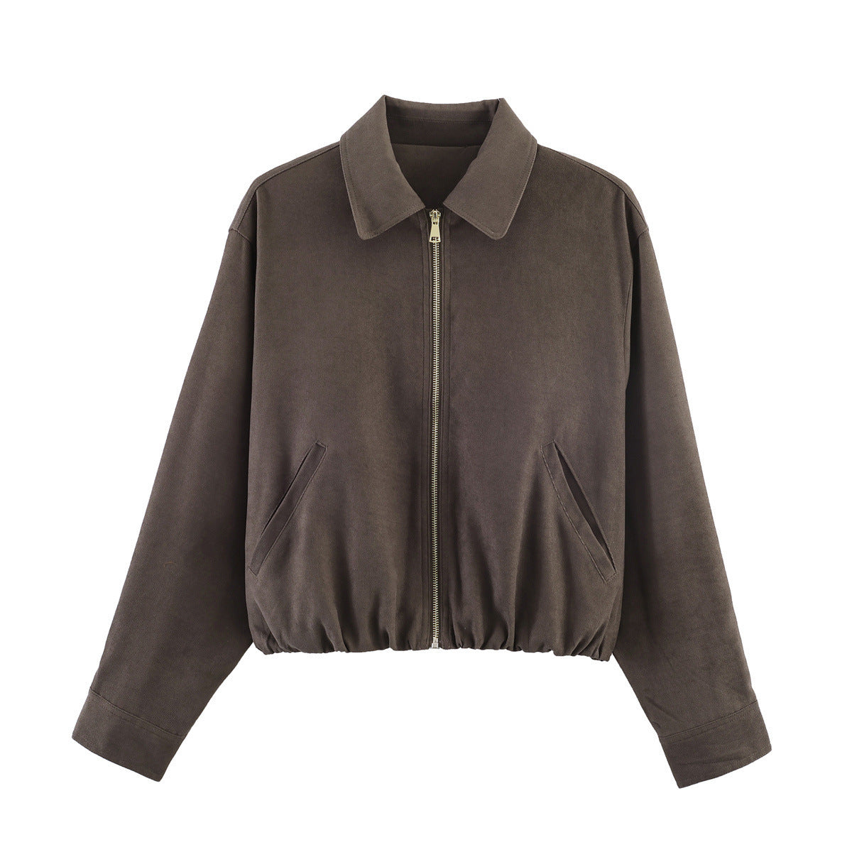 Ladies short cut velour look bomber jacket with lapel collar and elastic hem Shop Velvia