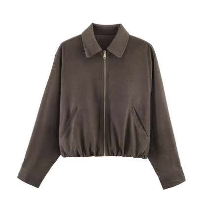 Ladies short cut velour look bomber jacket with lapel collar and elastic hem Shop Velvia