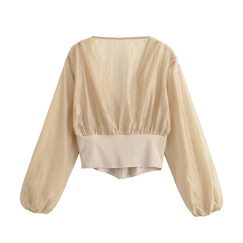 Women's Cropped Chiffon Blouse with Deep V-Neck and Tailored Corset Waist Shop Velvia