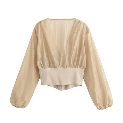 Women's Cropped Chiffon Blouse with Deep V-Neck and Tailored Corset Waist Shop Velvia
