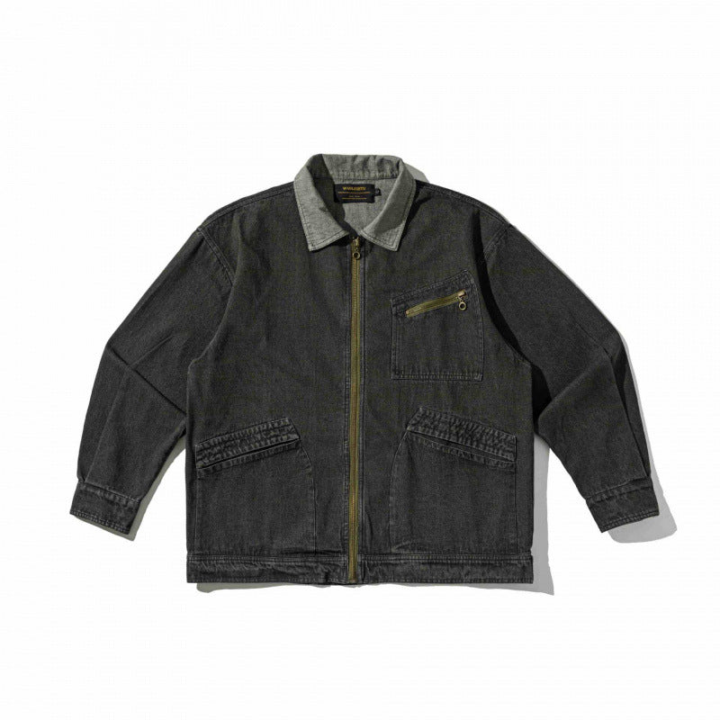 Unisex Boxy Overshirt Jacket made of washed denim with front zipper and multiple pockets Shop Velvia