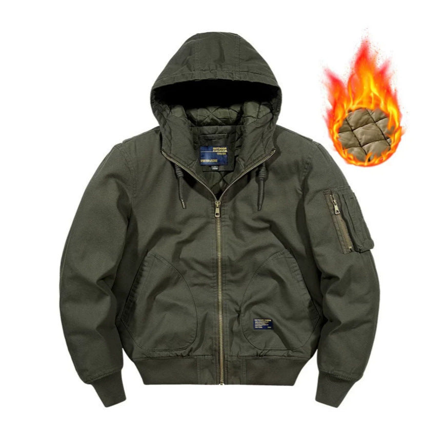 Men's hooded bomber jacket with quilted thermal lining and robust canvas outer material Shop Velvia