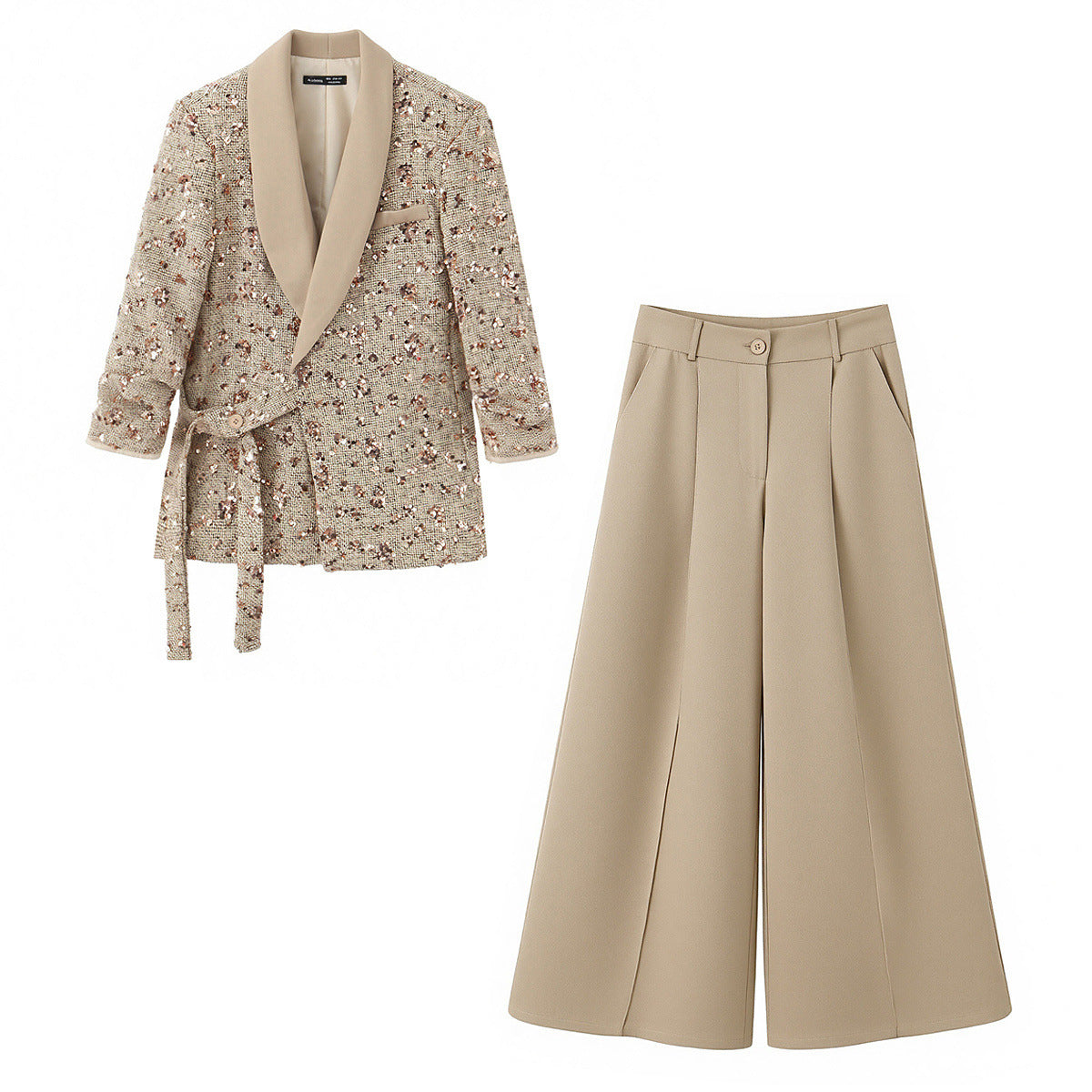 Women's Tweed Blazer with Shawl Collar, Tie Belt and Wide Palazzo Pants Set Shop Velvia
