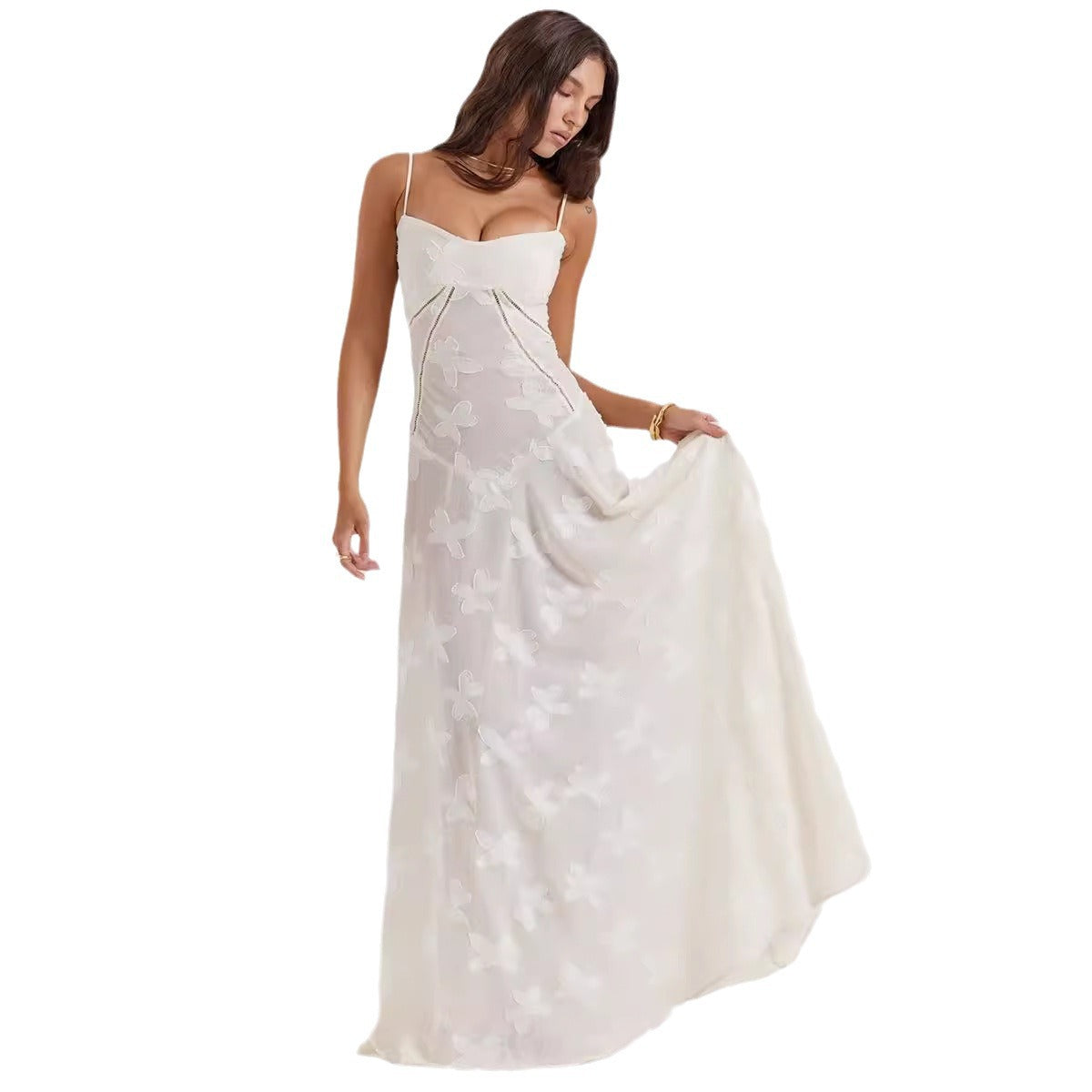 Women's figure-hugging maxi dress with bodice construction and spaghetti straps