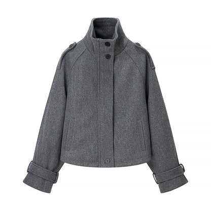 Women's short cut wool blend cropped jacket with stand-up collar, epaulettes, and adjustable sleeve straps Shop Velvia