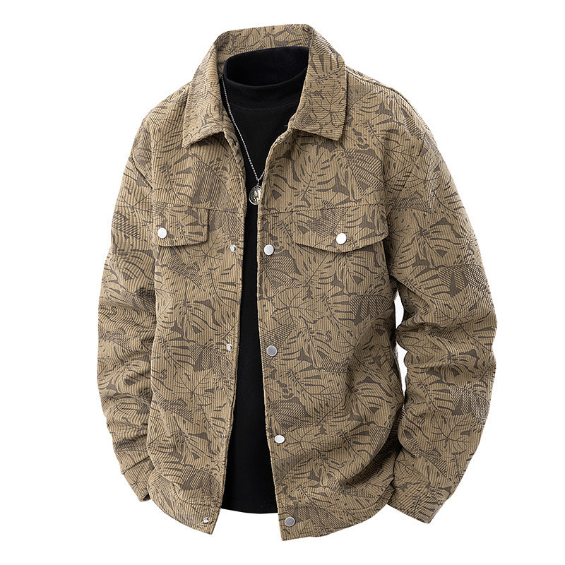 Men's corduroy trucker jacket with jacquard leaf pattern and snap button placket Shop Velvia