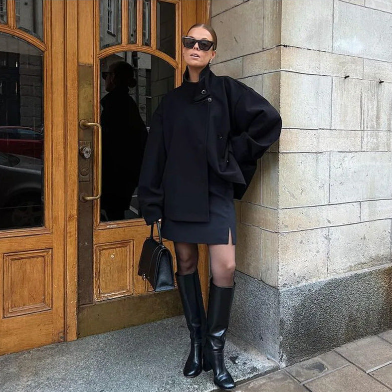 Women's 9800+ short boxy wool blend jacket with high funnel collar, asymmetrical button placket and adjustable cuffs Shop Velvia