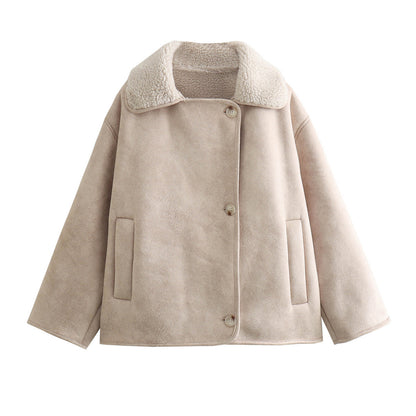 Ladies short jacket in lamb fur look with shawl collar and side patch pockets Shop Velvia