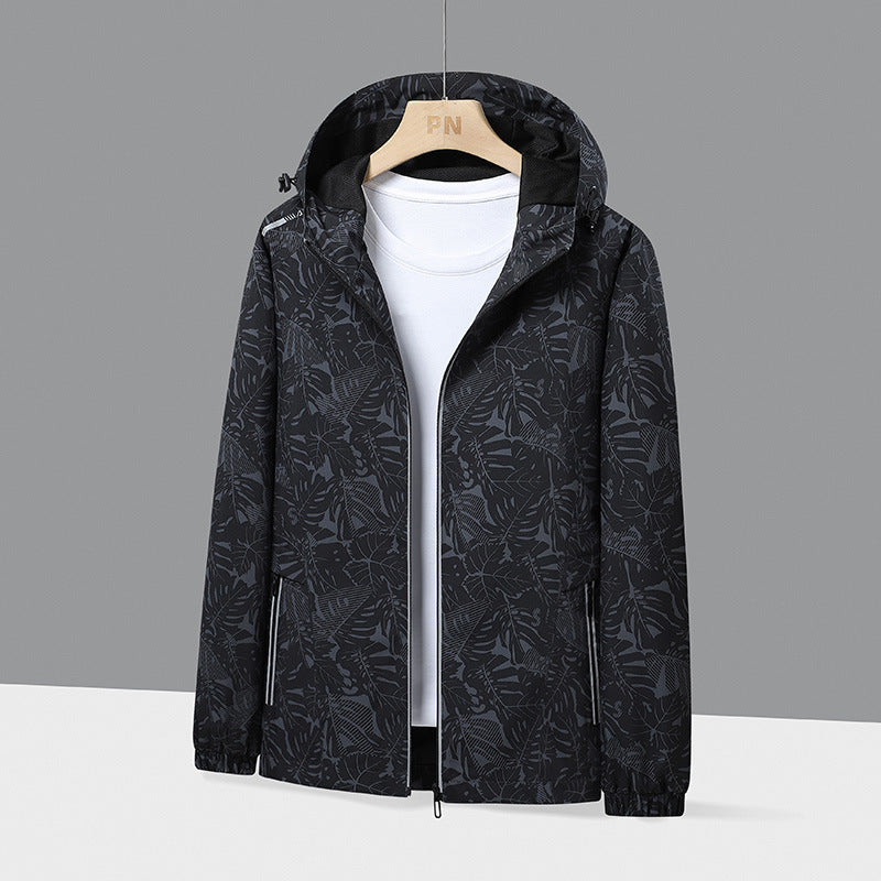 Men's Lightweight Hooded Windbreaker with Botanical Allover Print and Elastic Cuffs Shop Velvia