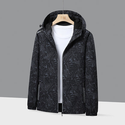 Men's Lightweight Hooded Windbreaker with Botanical Allover Print and Elastic Cuffs Shop Velvia