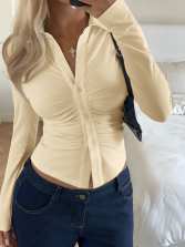 Women Tailored Buttonable Ruffle Top with V-Neck and Figure-Shaping Gather Shop Velvia