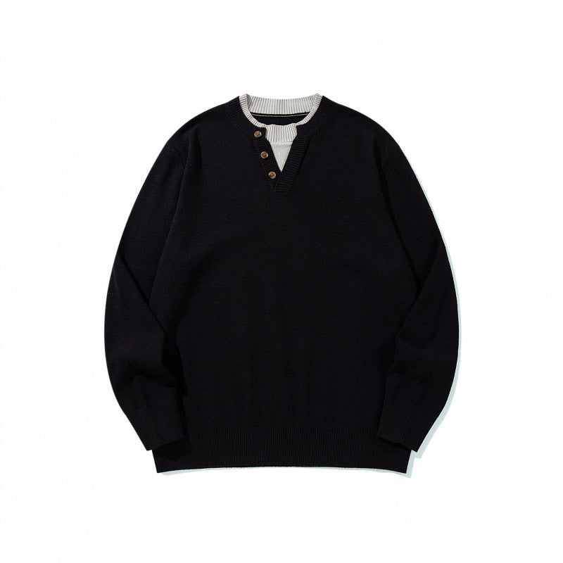 Unisex knit sweater with Henley button placket, contrast collar and boxy cut Shop Velvia