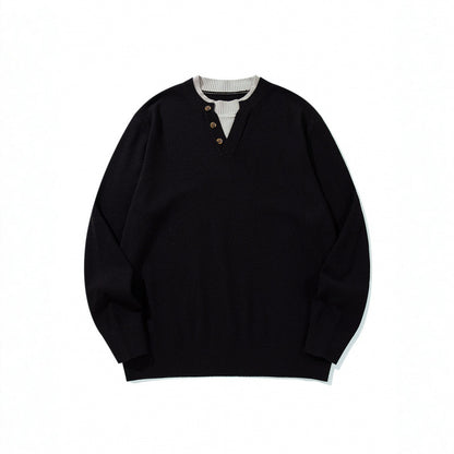Unisex knit sweater with Henley button placket, contrast collar and boxy cut Shop Velvia