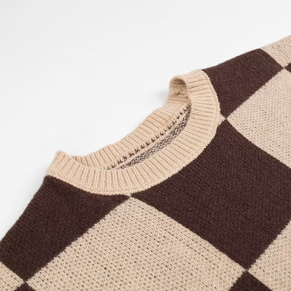 Women's Oversize Knitted Sweater with Distinctive Check Pattern and Ribbed Finishes Shop Velvia
