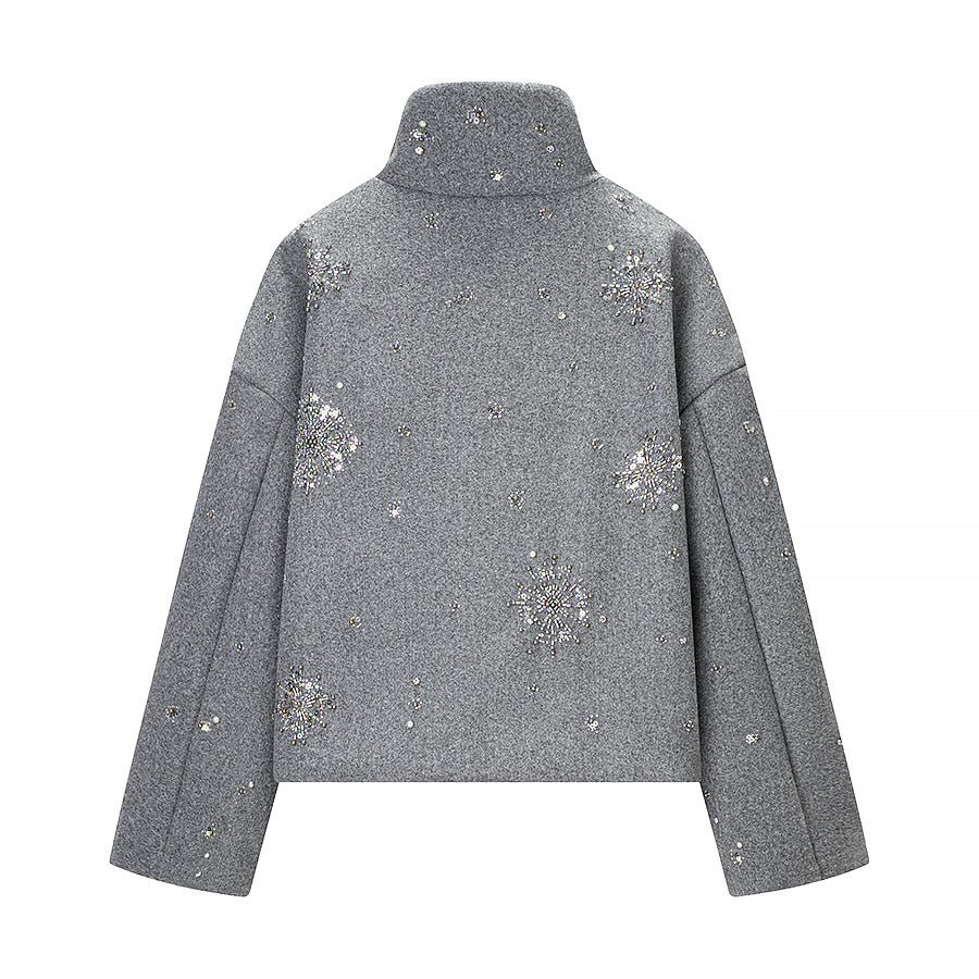 Women's Short Embroidered Wool Blend Boxy Coat with Stand Collar Shop Velvia