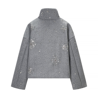 Women's Short Embroidered Wool Blend Boxy Coat with Stand Collar Shop Velvia