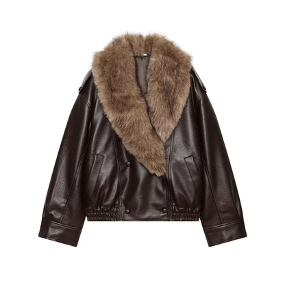 Women's Short Cut Biker Leather Jacket with Voluminous Faux Fur Shawl Collar Shop Velvia