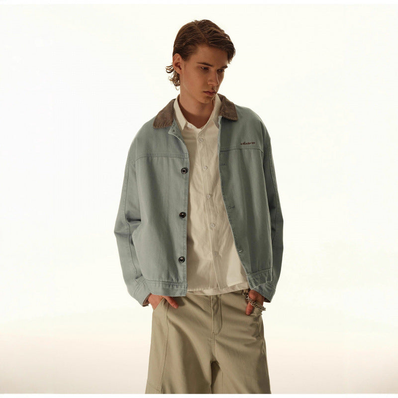 Men's Boxy Canvas Jacket with Cord Collar and Concealed Button Placket Shop Velvia