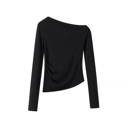 Women’s asymmetrical fine knit top with off-the-shoulder neckline and gathered side panel Shop Velvia
