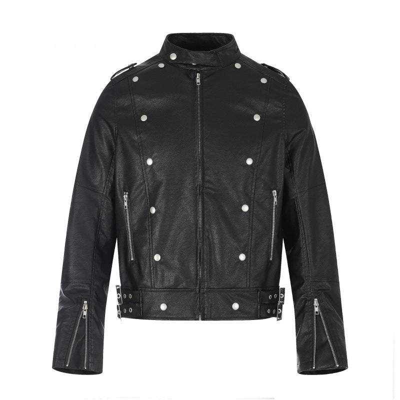 Unisex Short Cut Studded Leather Jacket in Biker Style with Stand-Up Collar, Zipper Sleeves and Waist Strap Shop Velvia