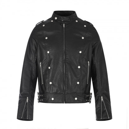 Unisex Short Cut Studded Leather Jacket in Biker Style with Stand-Up Collar, Zipper Sleeves and Waist Strap Shop Velvia